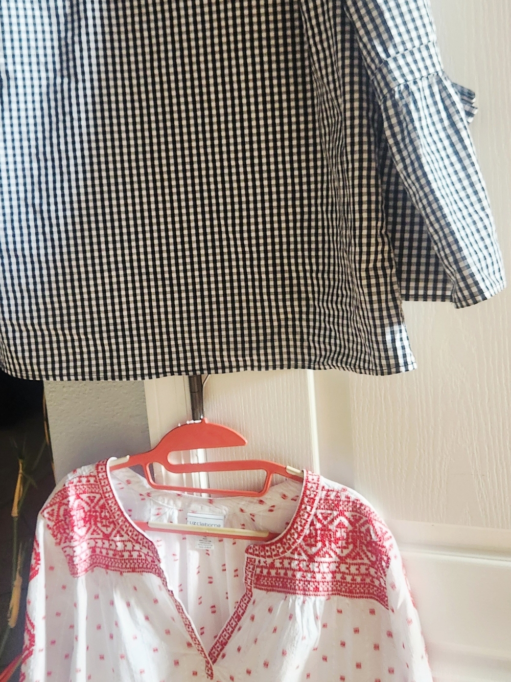 2 Liz Claiborne Tops Black Gingham Large & White with Red Embroidery Boho XL